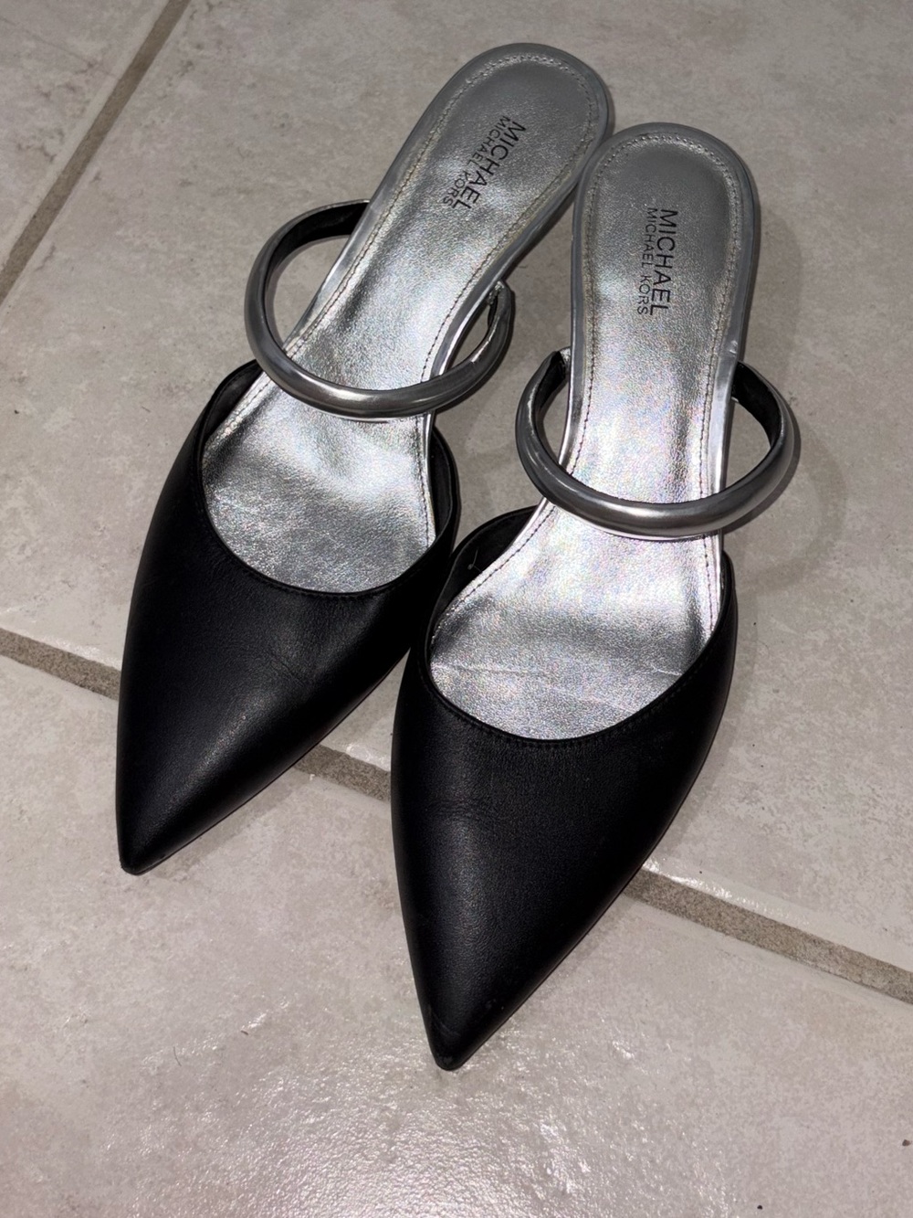 Michael Kors Black Pointed Mules with Silver Strap Detail